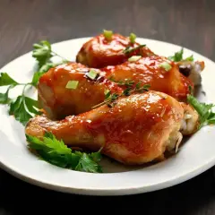 Tre cosce di pollo glassate, guarnite con prezzemolo e erbe aromatiche, pronte per essere gustate. Un delizioso pollo alla birra.