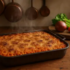 Piatto fumante di anelletti alla siciliana appena sfornati, con crosticina dorata e ingredienti freschi sullo sfondo.