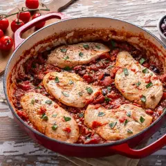 Pollo alla pizzaiola in padella, con pomodoro, olive e capperi. Sul tagliere, pomodorini e aglio.