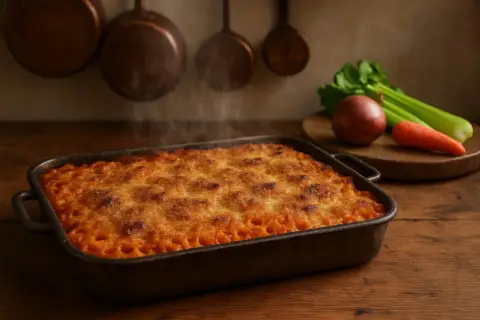 Piatto fumante di anelletti alla siciliana appena sfornati, con crosticina dorata e ingredienti freschi sullo sfondo.