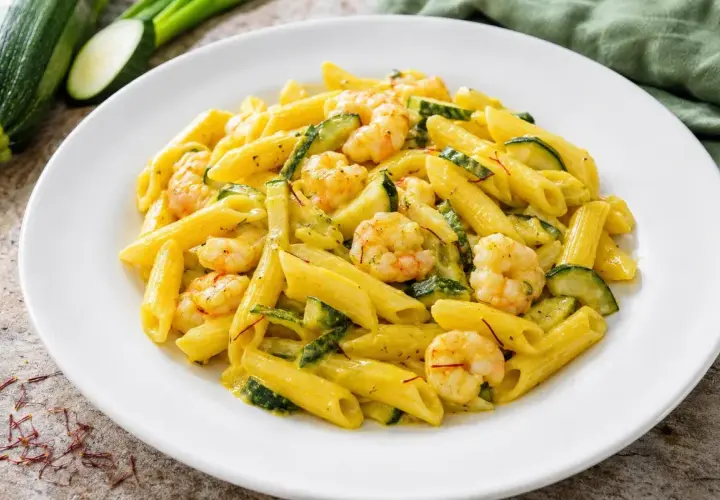 Piatto di pasta penne con zucchine e gamberetti, condita con una salsa cremosa e fili di zafferano.