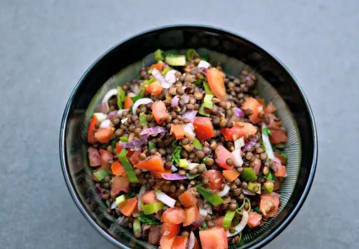 Una ciotola di insalata di lenticchie colorata con pomodori, cipolla rossa e erbe fresche.