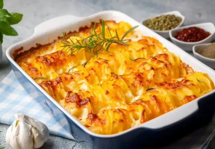 Patate al forno veloci, dorate e croccanti, guarnite con rosmarino fresco. Un contorno perfetto pronto in poco tempo.