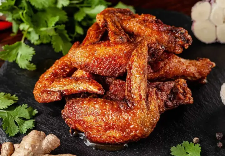 Alette di pollo al forno dorate e succulente, servite su una pietra scura con coriandolo, zenzero e aglio.
