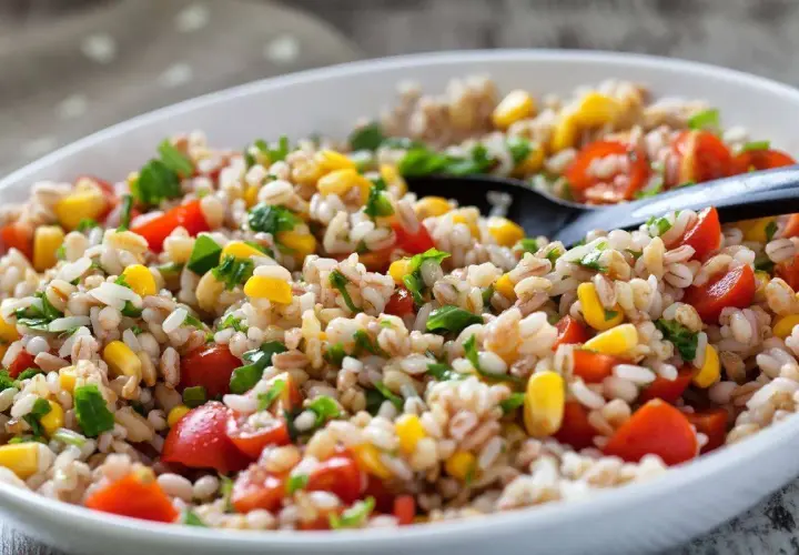 Insalata di farro colorata con pomodorini, mais e prezzemolo fresco, servita in una ciotola bianca.