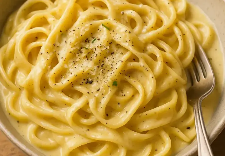 Un piatto invitante di pasta in bianco, condita con pepe nero macinato fresco e parmigiano grattugiato.