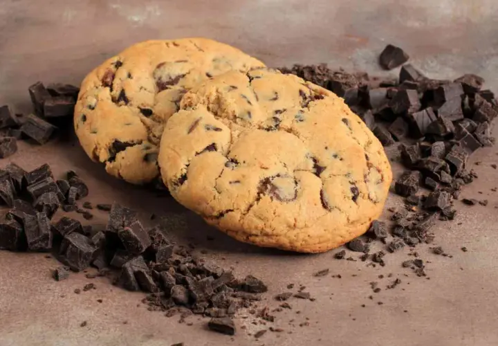 Due golosi cookies con gocce di cioccolato, perfetti per la tua ricetta crumble cookies, circondati da pezzetti di cioccolato fondente.