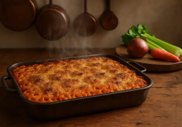 Piatto fumante di anelletti alla siciliana appena sfornati, con crosticina dorata e ingredienti freschi sullo sfondo.