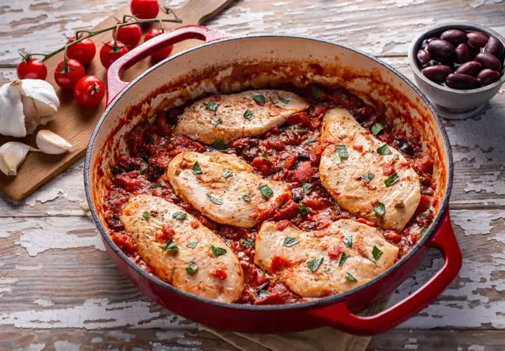 Pollo alla pizzaiola in padella, con pomodoro, olive e capperi. Sul tagliere, pomodorini e aglio.