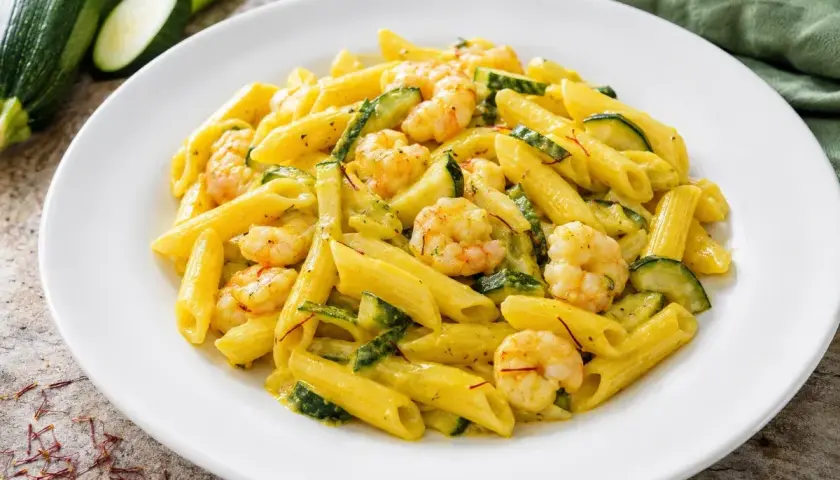 Piatto di pasta penne con zucchine e gamberetti, condita con una salsa cremosa e fili di zafferano.