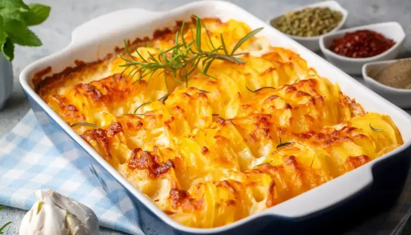 Patate al forno veloci, dorate e croccanti, guarnite con rosmarino fresco. Un contorno perfetto pronto in poco tempo.