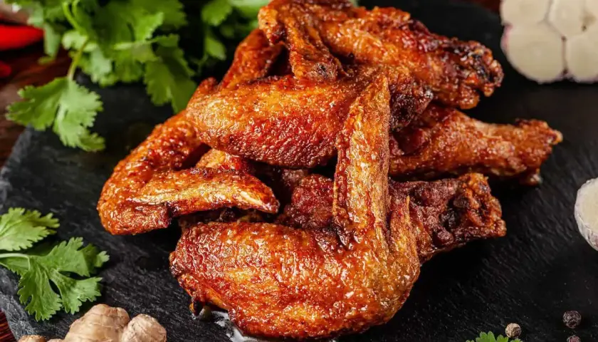 Alette di pollo al forno dorate e succulente, servite su una pietra scura con coriandolo, zenzero e aglio.