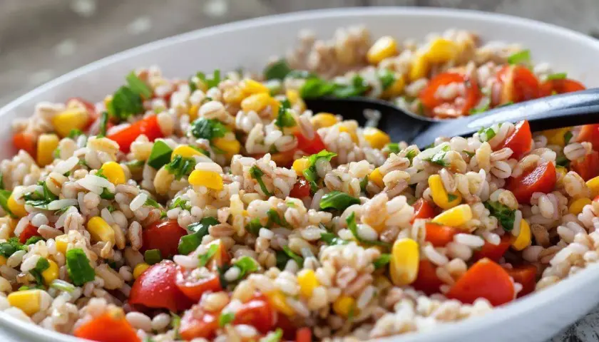 Insalata di farro colorata con pomodorini, mais e prezzemolo fresco, servita in una ciotola bianca.