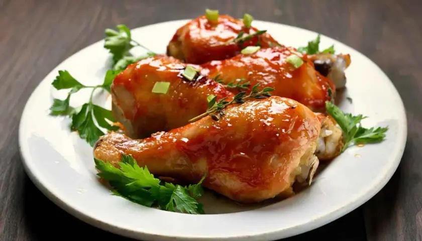 Tre cosce di pollo glassate, guarnite con prezzemolo e erbe aromatiche, pronte per essere gustate. Un delizioso pollo alla birra.