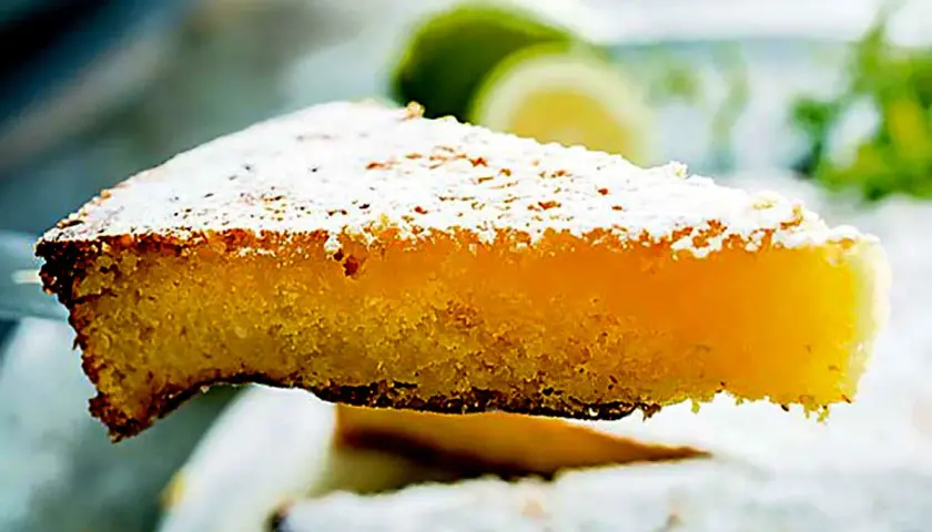 Una fetta di caprese al limone, soffice e profumata, cosparsa di zucchero a velo.