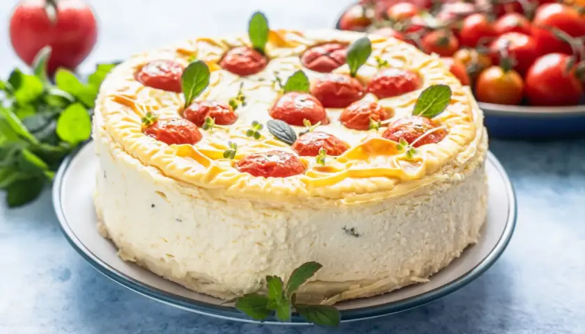 Cheesecake salata con taralli, decorata con pomodorini confit e basilico. Un'idea sfiziosa per un aperitivo o antipasto.