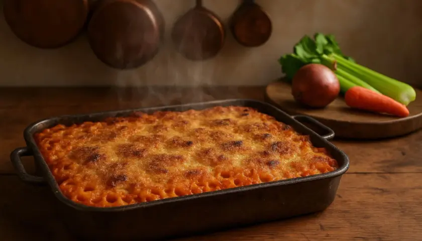 Piatto fumante di anelletti alla siciliana appena sfornati, con crosticina dorata e ingredienti freschi sullo sfondo.