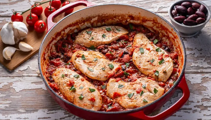 Pollo alla pizzaiola in padella, con pomodoro, olive e capperi. Sul tagliere, pomodorini e aglio.