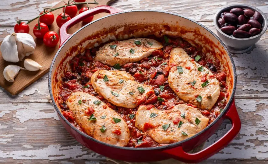 Pollo alla pizzaiola in padella, tenero e filante