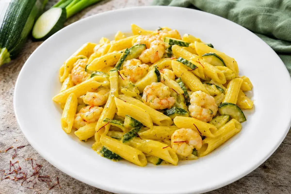 Piatto di pasta penne con zucchine e gamberetti, condita con una salsa cremosa e fili di zafferano.