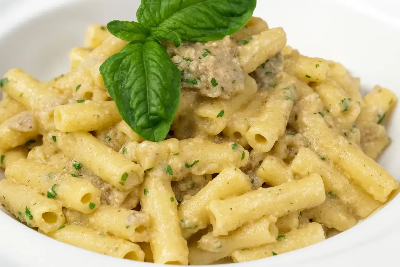 Un piatto invitante di pasta con melanzane in bianco cremosa, guarnito con basilico fresco.