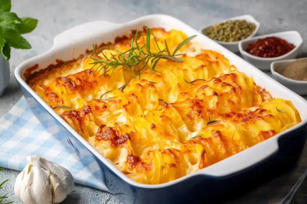 Patate al forno veloci, dorate e croccanti, guarnite con rosmarino fresco. Un contorno perfetto pronto in poco tempo.
