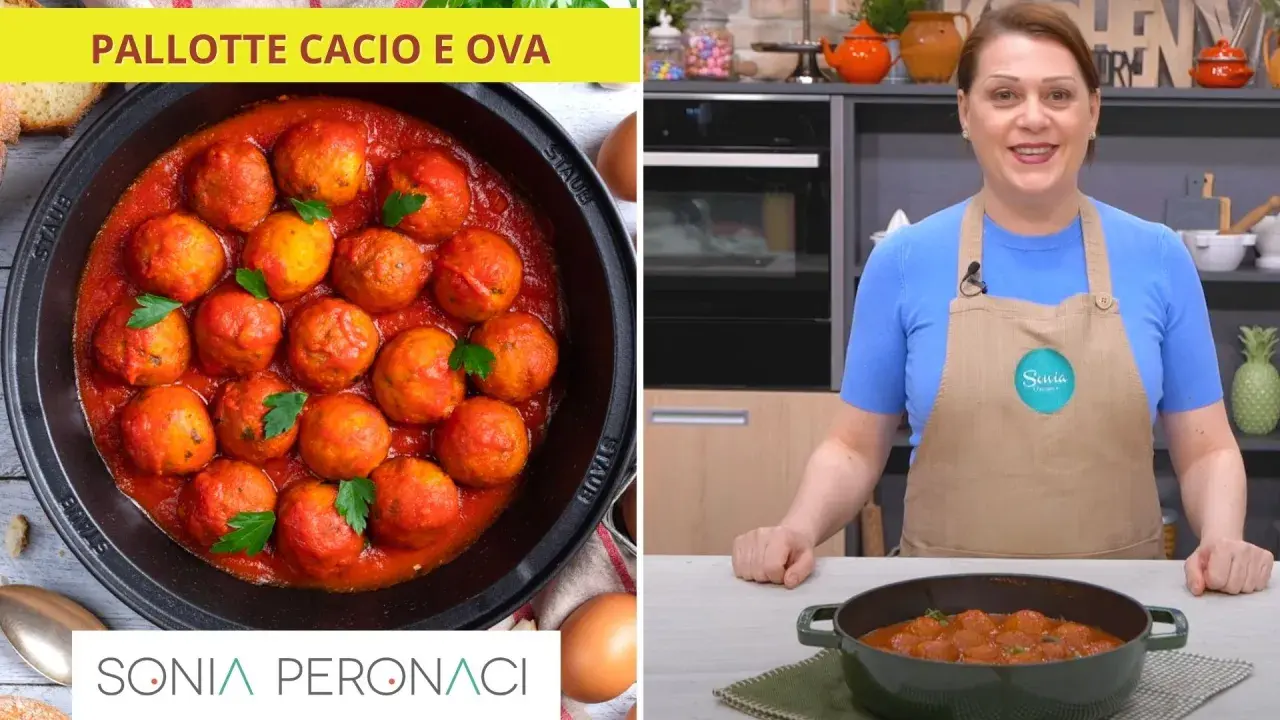Pallotte cacio e ova in sugo rosso, pronte per essere gustate. Una donna in cucina prepara questo piatto tradizionale.