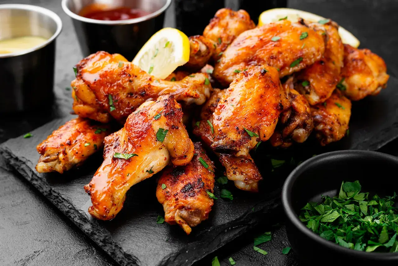 Alette di pollo dorate e succulente, guarnite con prezzemolo fresco e spicchi di limone, servite su una pietra scura con salse a lato.