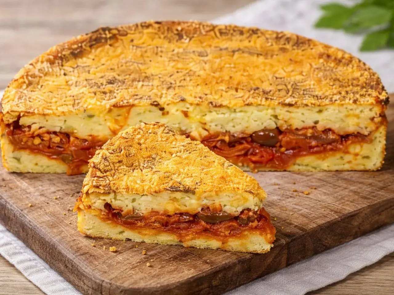 Una fetta di pitta di patate, con strati di purè e un ricco ripieno di pomodoro e olive, su un tagliere di legno.