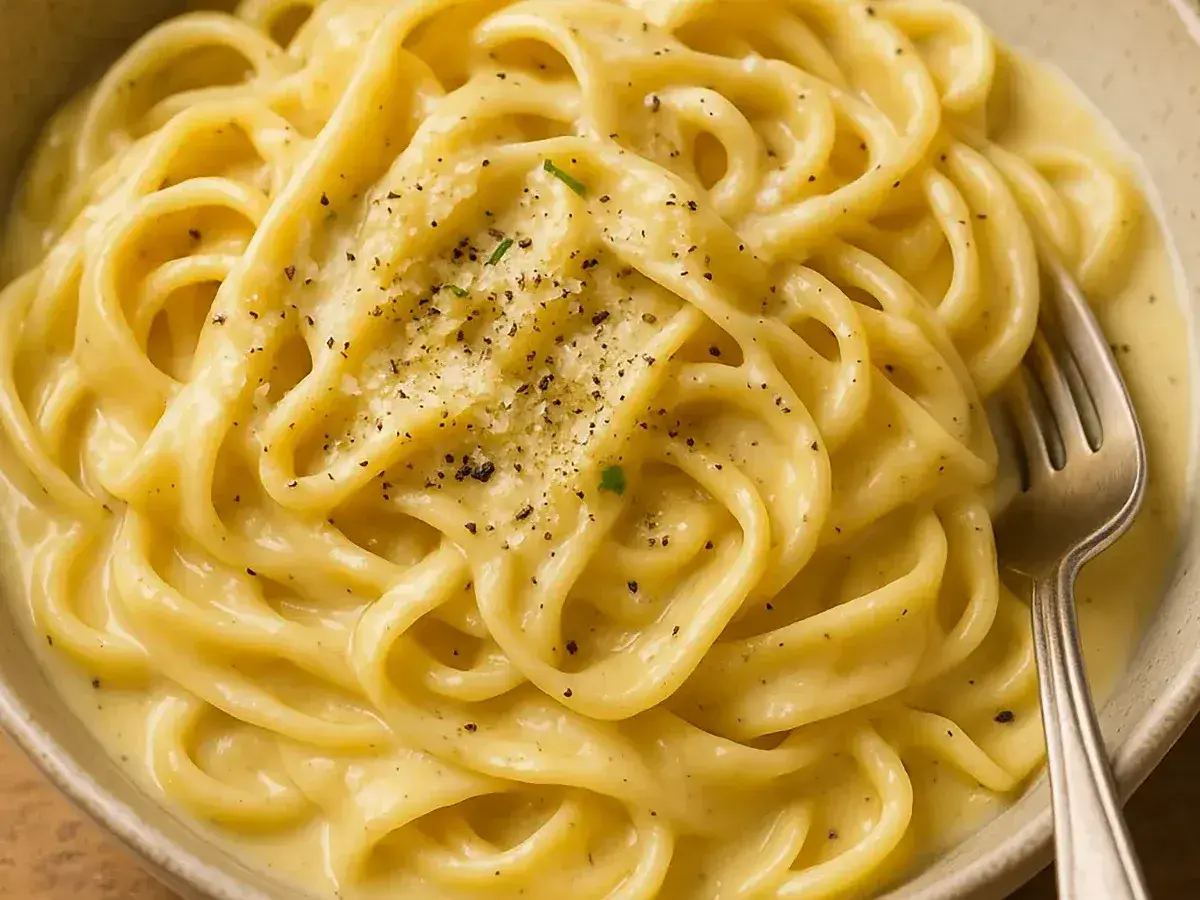 Un piatto invitante di pasta in bianco, condita con pepe nero macinato fresco e parmigiano grattugiato.
