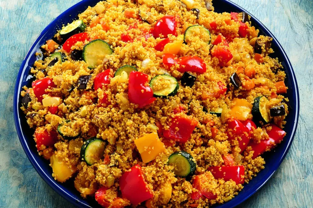 Un piatto colorato di cous cous con verdure miste: peperoni rossi e gialli, zucchine e melanzane. Una deliziosa ricetta cous cous.