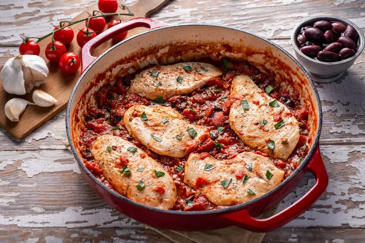 Pollo alla pizzaiola in padella, con pomodoro, olive e capperi. Sul tagliere, pomodorini e aglio.
