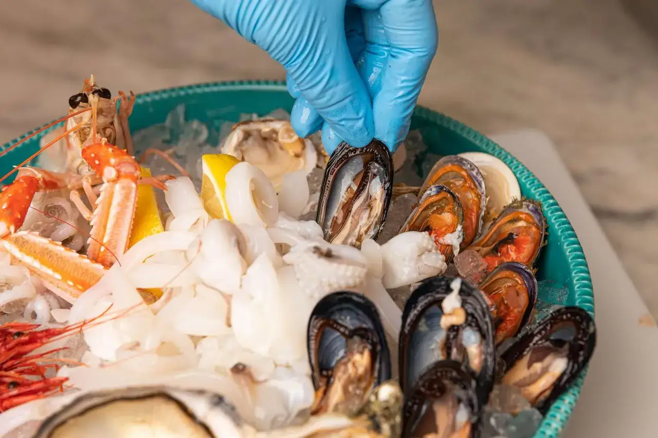 Mano con guanto blu aggiunge cozze a un piatto di freschi antipasti di pesce con scampi, calamari e limone su ghiaccio.