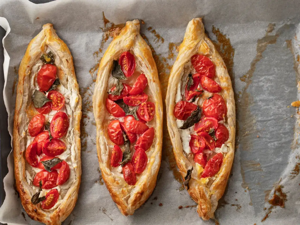 Tre barchette di pasta sfoglia rettangolare ripiene di formaggio cremoso, pomodorini ciliegino e basilico. Un'idea su come farcire pasta sfoglia rettangolare.