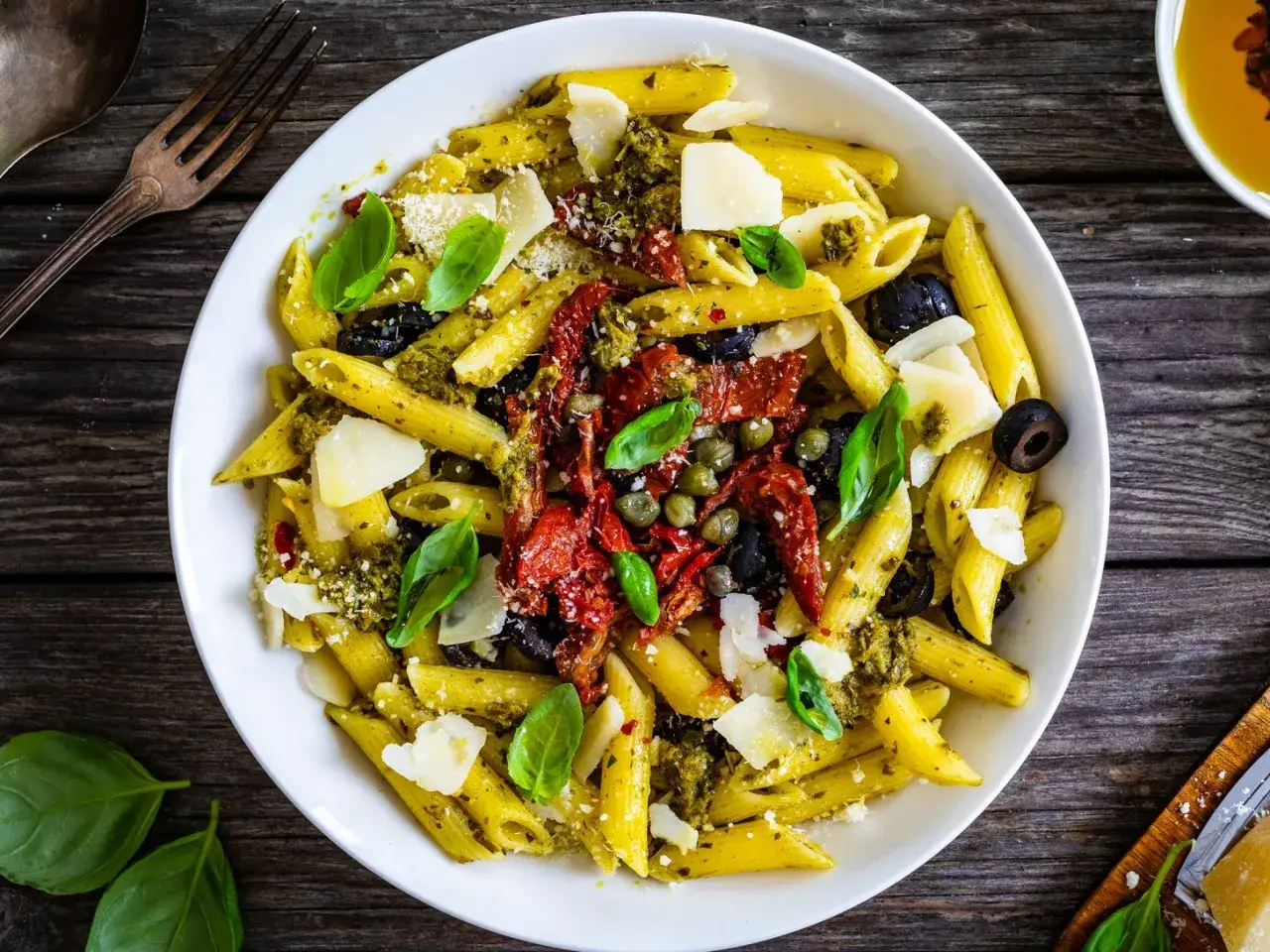 Penne con pesto, pomodori secchi, olive nere, capperi e scaglie di parmigiano. Un piatto invitante e saporito.