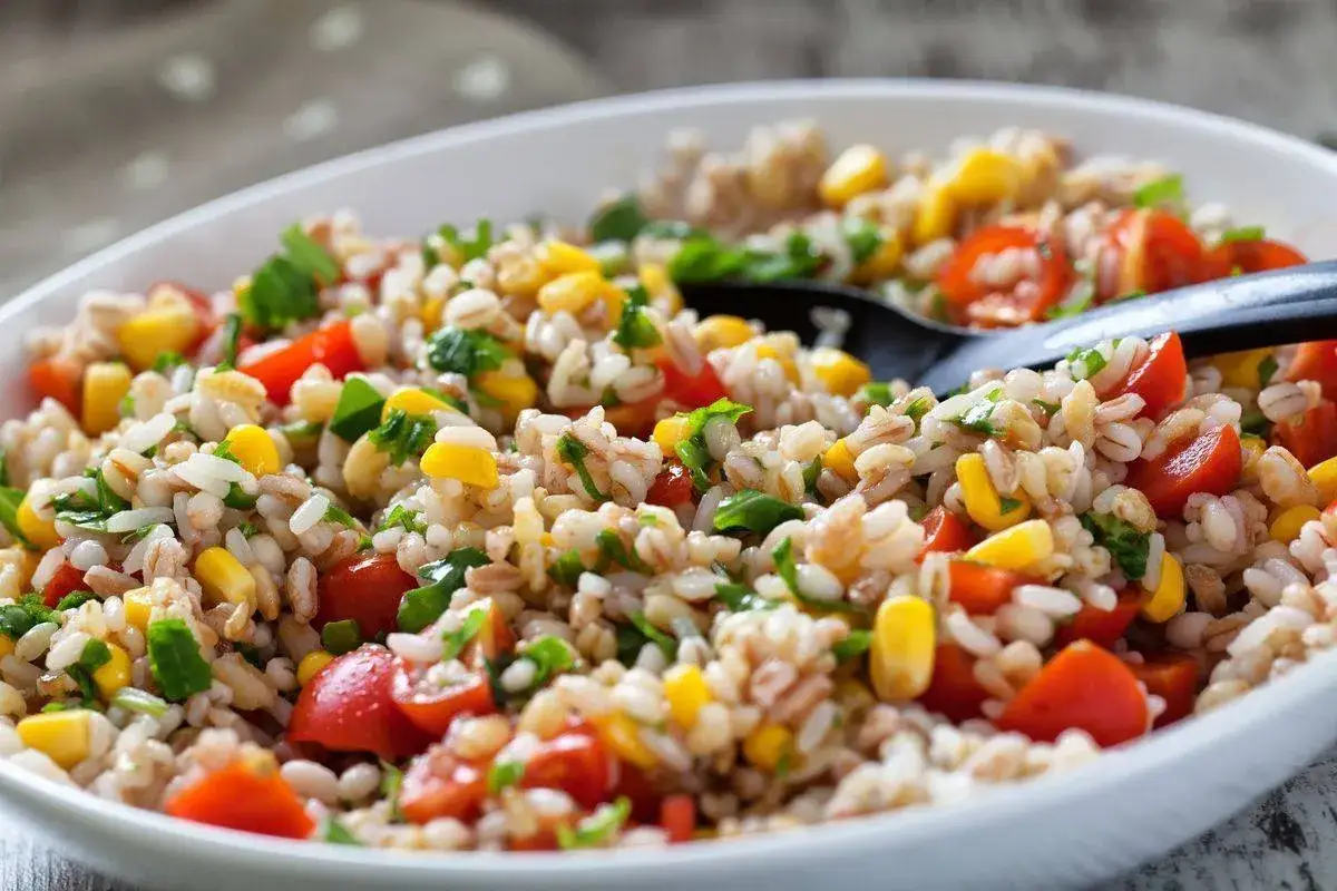 Insalata di farro colorata con pomodorini, mais e prezzemolo fresco. Un piatto estivo leggero e gustoso.